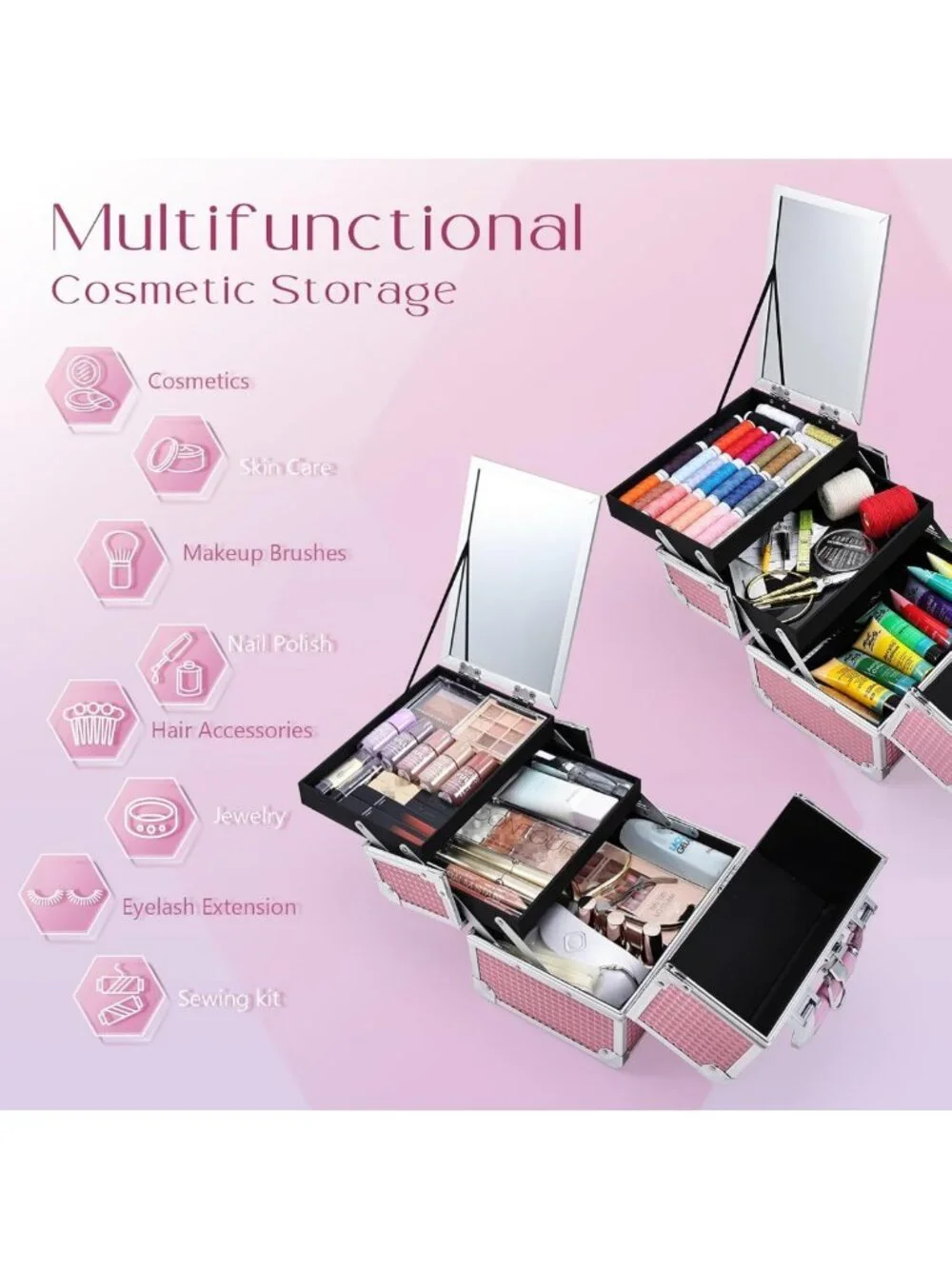 Portable Makeup Organizer with Mirror | Cosmetic Train Case, 2 Trays, Locking